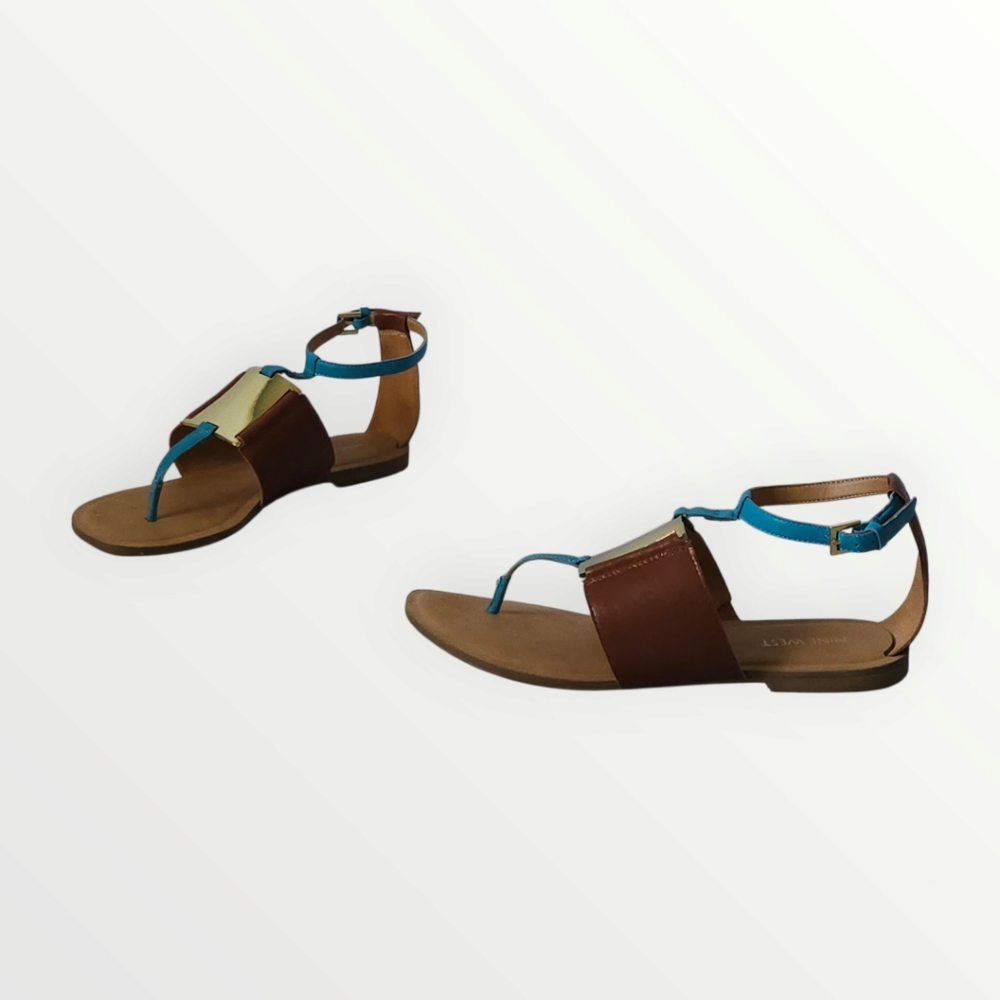 Nine West‎ NWPerformance Sandals 8M Brown Blue Gold Leather Flat Thong Strappy
